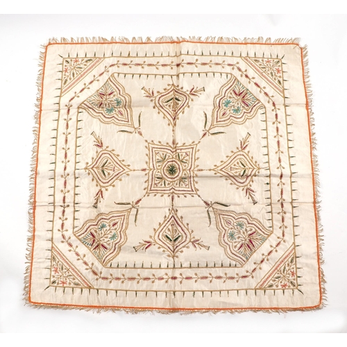 127 - Three Arabic silk and bullion wire embroidered panels, largest 78 by 78cm, together with a Chinese s... 
