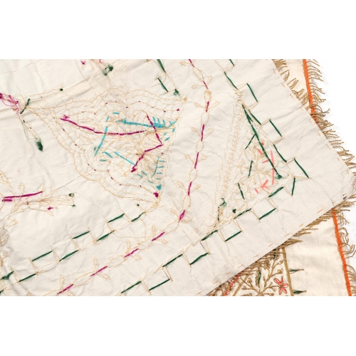 127 - Three Arabic silk and bullion wire embroidered panels, largest 78 by 78cm, together with a Chinese s... 