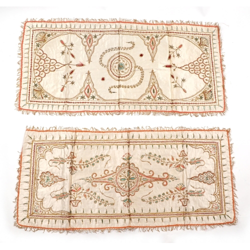 127 - Three Arabic silk and bullion wire embroidered panels, largest 78 by 78cm, together with a Chinese s... 