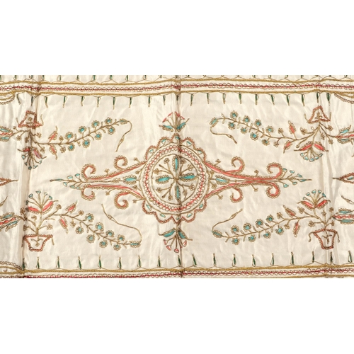 127 - Three Arabic silk and bullion wire embroidered panels, largest 78 by 78cm, together with a Chinese s... 