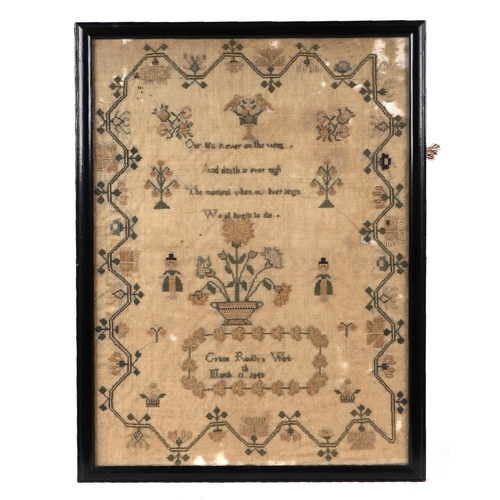 128 - A George IV sampler with verse and figures within a meandering boarder, by Grace Routh (March 11th 1... 