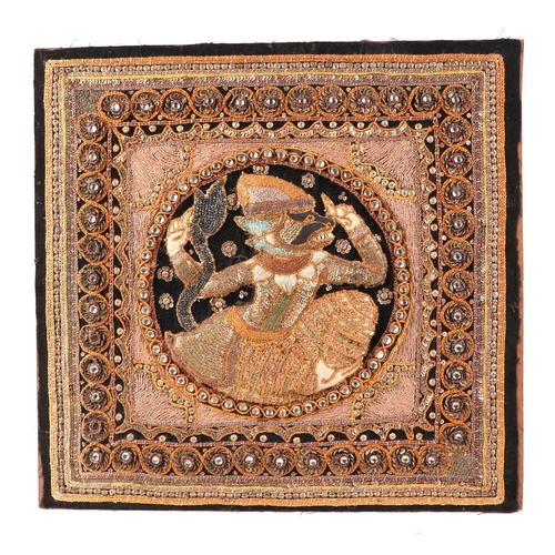 136 - A group of four Indian needlework panels, depicting elephants and mythical creatures, each approx 39... 
