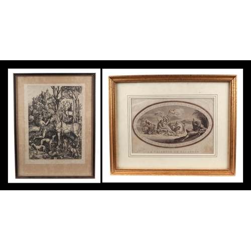 140 - After Albrecht Dürer - St Eustace -  a print depicting St Eustace on a hunt in the forest, kneeling ... 