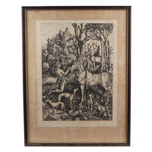 140 - After Albrecht Dürer - St Eustace -  a print depicting St Eustace on a hunt in the forest, kneeling ... 