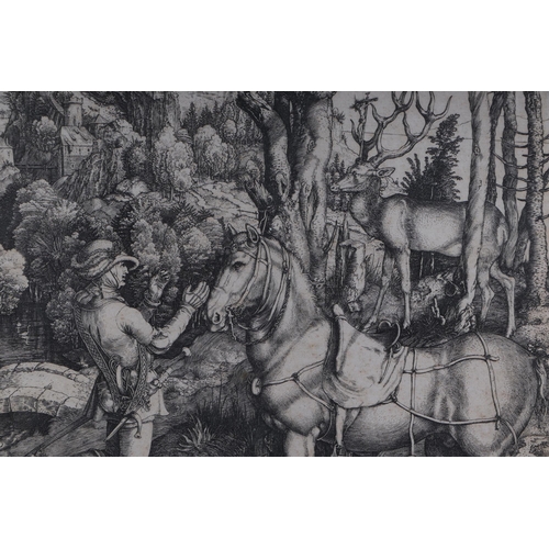 140 - After Albrecht Dürer - St Eustace -  a print depicting St Eustace on a hunt in the forest, kneeling ... 