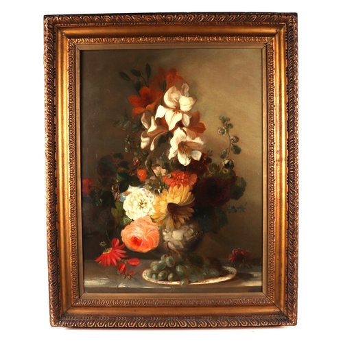 147 - 19th century English School -Still Life of Flowers and Grapes - oil on canvas, 43 by 58cm, framed.