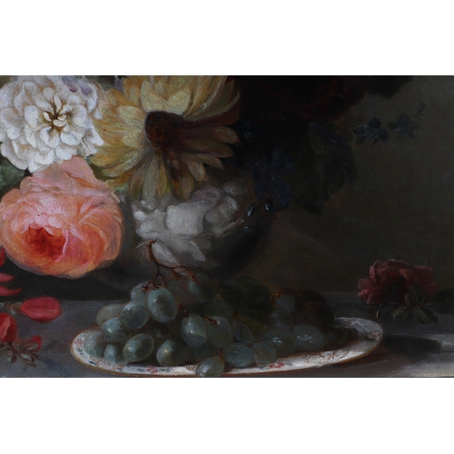 147 - 19th century English School -Still Life of Flowers and Grapes - oil on canvas, 43 by 58cm, framed.