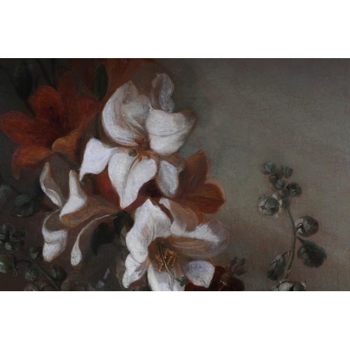 147 - 19th century English School -Still Life of Flowers and Grapes - oil on canvas, 43 by 58cm, framed.