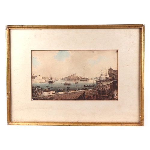 150 - 18th century continental school - Grand Harbour, Malta - watercolour, 31 by 18cm, framed.