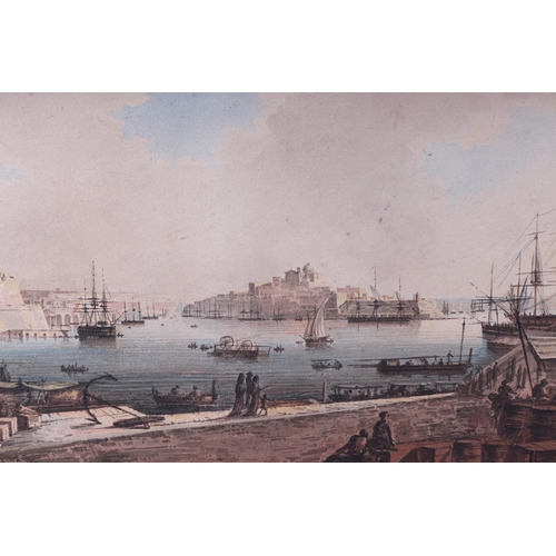 150 - 18th century continental school - Grand Harbour, Malta - watercolour, 31 by 18cm, framed.