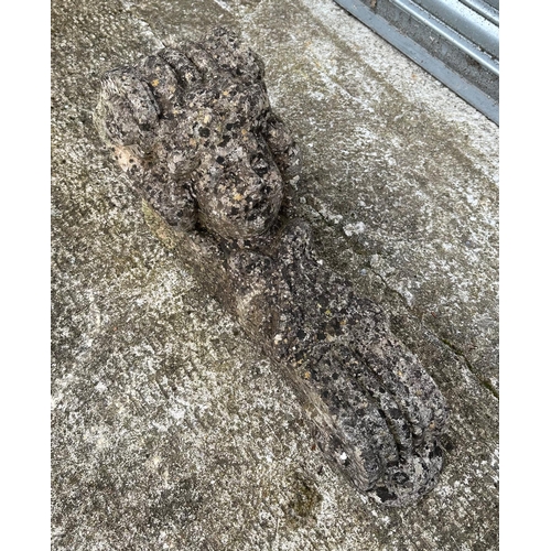 16 - A well weathered reconstituted stone putti corbel, together with a carved marble mortar, 30cm diamet... 