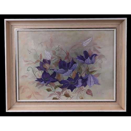 162 - B Bain (Modern British), still life of clematis, signed lower right corner, oil on board, framed, 39... 