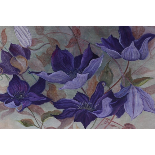 162 - B Bain (Modern British), still life of clematis, signed lower right corner, oil on board, framed, 39... 