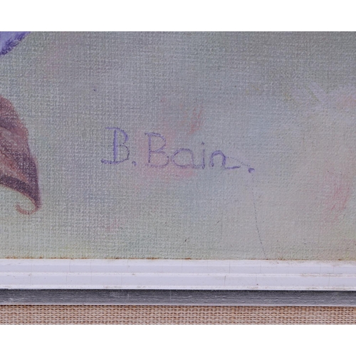162 - B Bain (Modern British), still life of clematis, signed lower right corner, oil on board, framed, 39... 