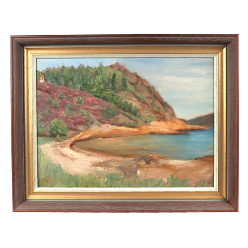164 - 20th century school, coastal scene, with trees on a hillside, oil on board, framed, 39 by 29cm.