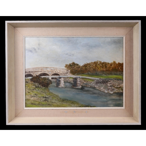168 - 20th century school, river landscape scene with bridge, oil on board, framed, 39 by 30cm.