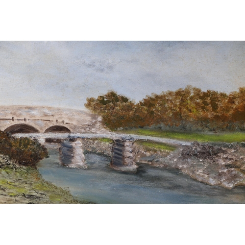 168 - 20th century school, river landscape scene with bridge, oil on board, framed, 39 by 30cm.