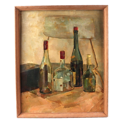 176 - N Hale (Modern British), still life of wine bottles, oil on board, framed, 39 by 49cm.