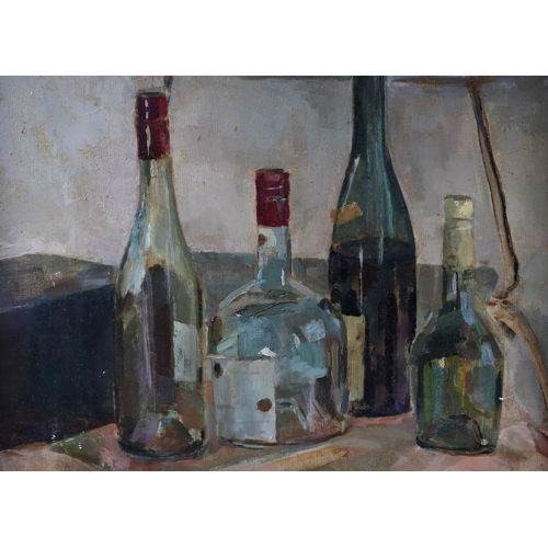 176 - N Hale (Modern British), still life of wine bottles, oil on board, framed, 39 by 49cm.