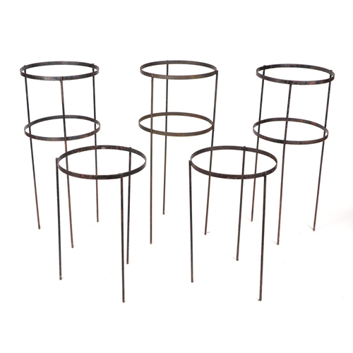 31 - A group of five circular well weathered metal garden flower supports, three 91cm high, two 61cm high... 