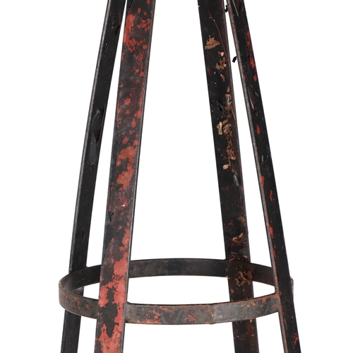 35 - A pair of well weathered, heavy iron strap work garden obelisks, with ball finial, each approx 200cm... 