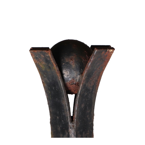 35 - A pair of well weathered, heavy iron strap work garden obelisks, with ball finial, each approx 200cm... 