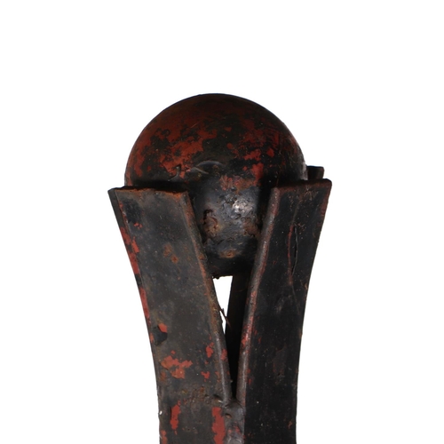 35 - A pair of well weathered, heavy iron strap work garden obelisks, with ball finial, each approx 200cm... 