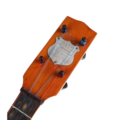 378 - A Swanee banjo ukulele, cased, 53cm long, with modern guitar shaped ukulele (2).
