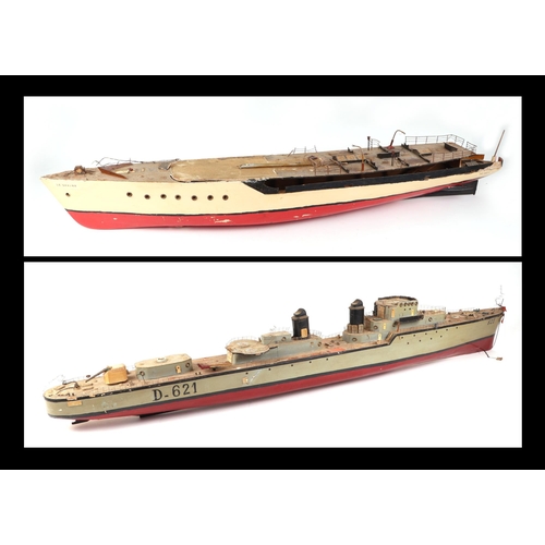 379 - A scratch built model of a warship with painted wooden hull, approx 125cm long; together with anothe... 