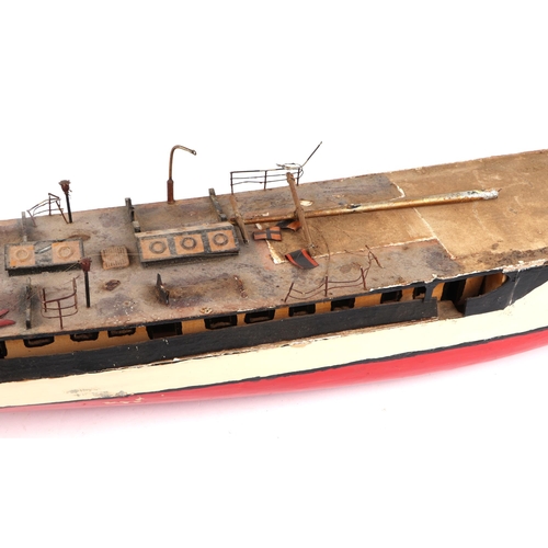 379 - A scratch built model of a warship with painted wooden hull, approx 125cm long; together with anothe... 
