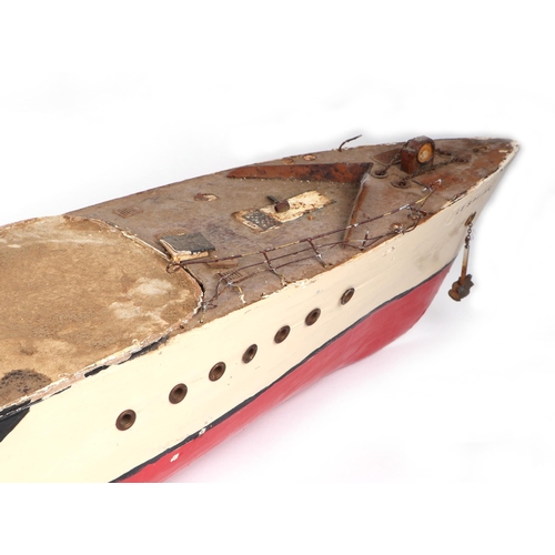 379 - A scratch built model of a warship with painted wooden hull, approx 125cm long; together with anothe... 