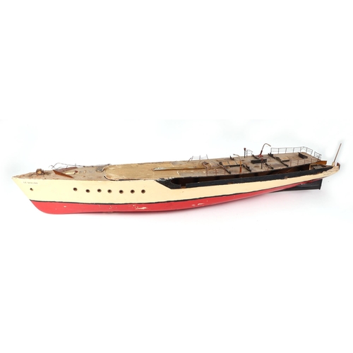 379 - A scratch built model of a warship with painted wooden hull, approx 125cm long; together with anothe... 