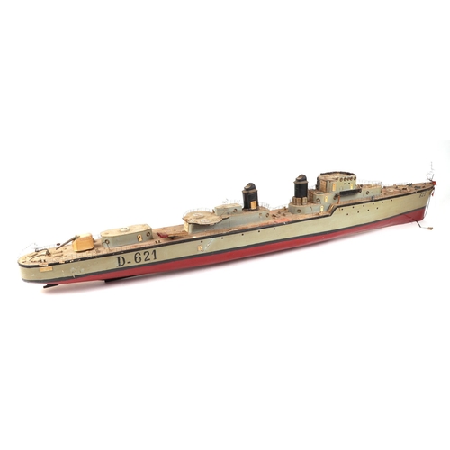 379 - A scratch built model of a warship with painted wooden hull, approx 125cm long; together with anothe... 