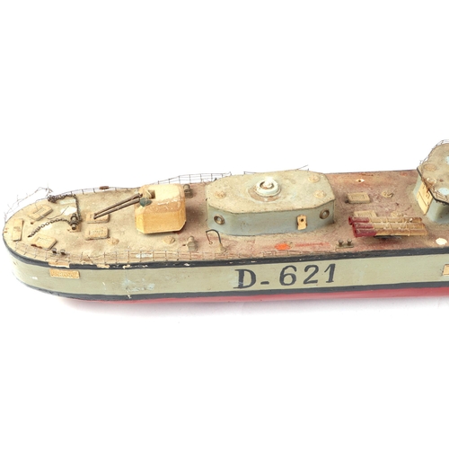 379 - A scratch built model of a warship with painted wooden hull, approx 125cm long; together with anothe... 