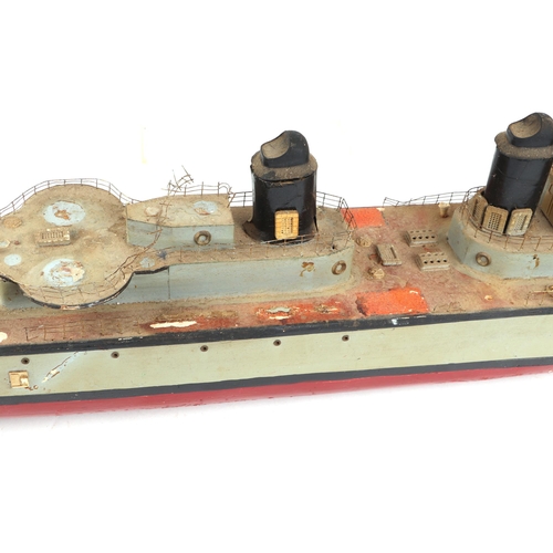 379 - A scratch built model of a warship with painted wooden hull, approx 125cm long; together with anothe... 
