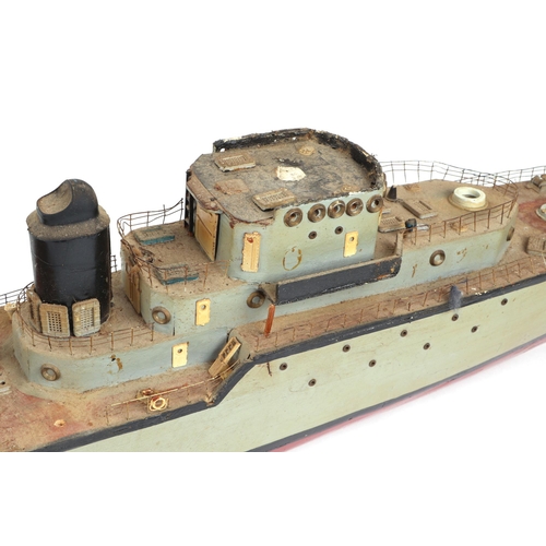 379 - A scratch built model of a warship with painted wooden hull, approx 125cm long; together with anothe... 