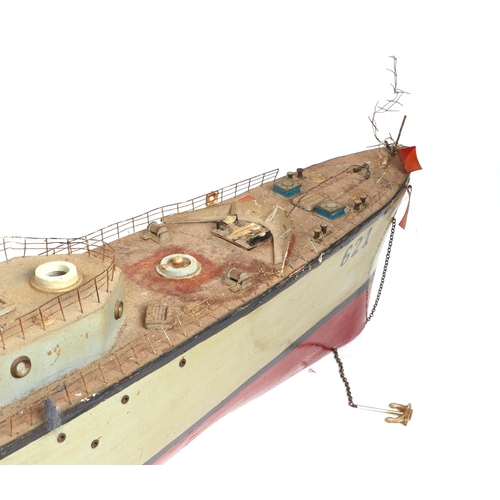 379 - A scratch built model of a warship with painted wooden hull, approx 125cm long; together with anothe... 