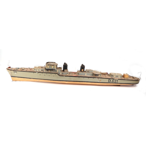 379 - A scratch built model of a warship with painted wooden hull, approx 125cm long; together with anothe... 