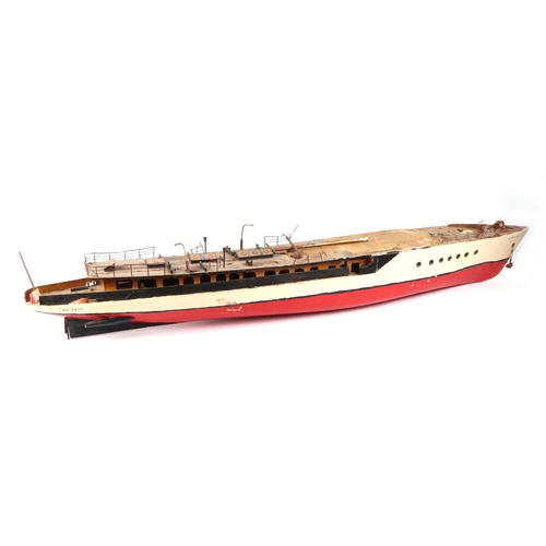 379 - A scratch built model of a warship with painted wooden hull, approx 125cm long; together with anothe... 