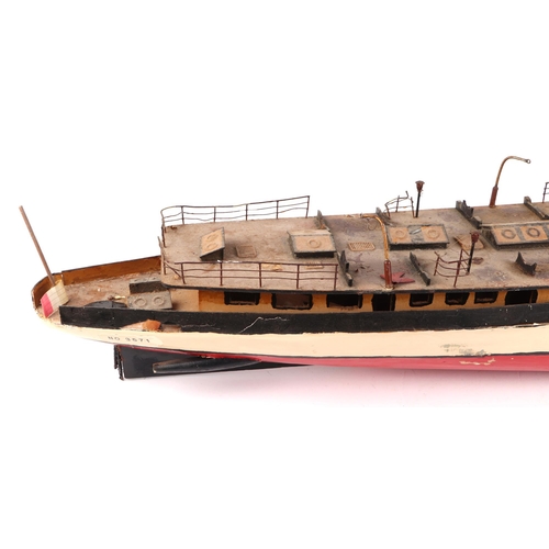 379 - A scratch built model of a warship with painted wooden hull, approx 125cm long; together with anothe... 