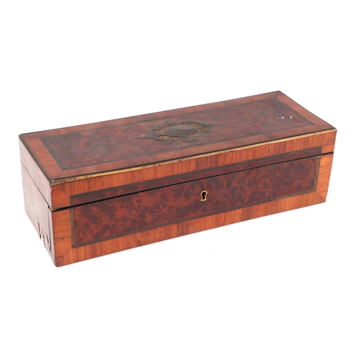 386 - An Edwardian burr walnut travelling playing card case, opening to revel four containers of game chip... 