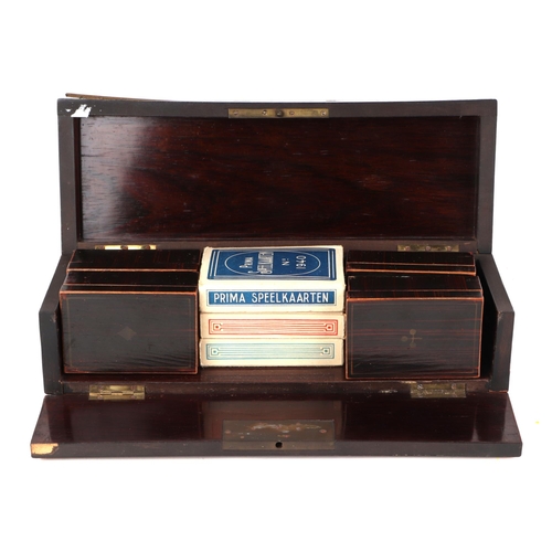 386 - An Edwardian burr walnut travelling playing card case, opening to revel four containers of game chip... 