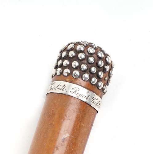 389 - A silver mounted Malacca walking cane inscribed A.R.U Corbett Royal Colonial Institute, London 1918,... 