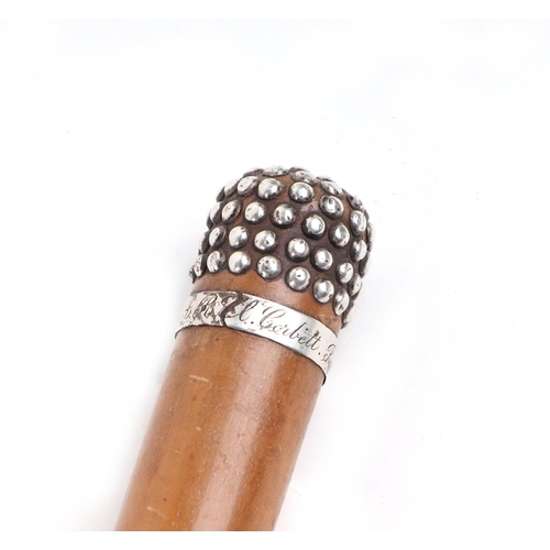 389 - A silver mounted Malacca walking cane inscribed A.R.U Corbett Royal Colonial Institute, London 1918,... 