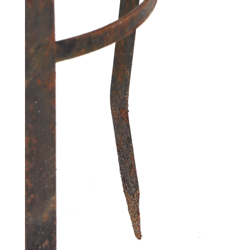 39 - A pair of well weathered, heavy iron strap work garden obelisks, with ball finial, each approx 200cm... 