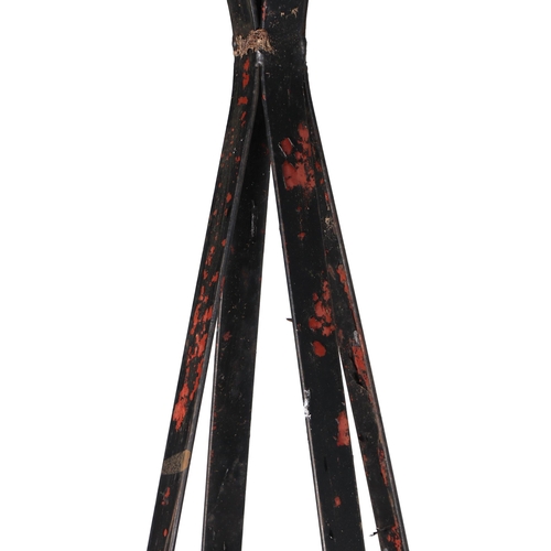 39 - A pair of well weathered, heavy iron strap work garden obelisks, with ball finial, each approx 200cm... 