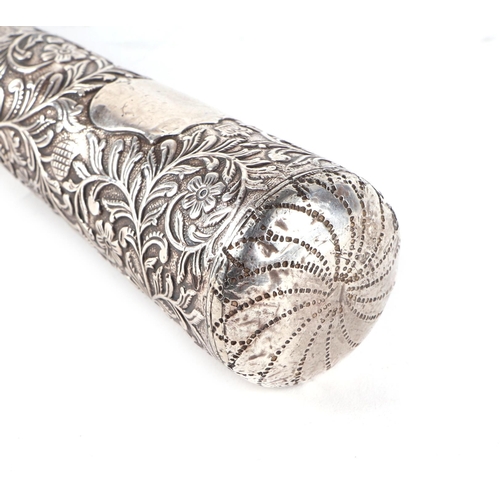 396 - A late 19th century Malacca walking stick, with white metal band, ornate white mental handle, 91.5cm... 