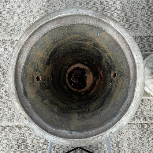 40 - A large impressive pair of crackle glazed pottery Campana urns, with lion mask handles, 98cm high (2... 