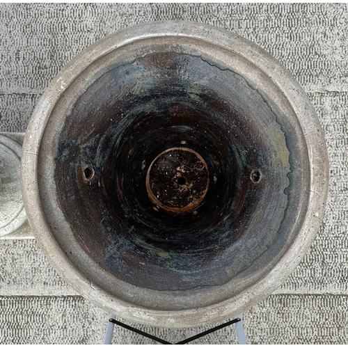 40 - A large impressive pair of crackle glazed pottery Campana urns, with lion mask handles, 98cm high (2... 