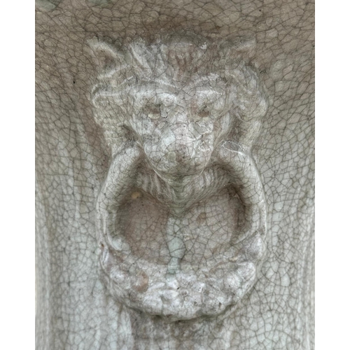 40 - A large impressive pair of crackle glazed pottery Campana urns, with lion mask handles, 98cm high (2... 